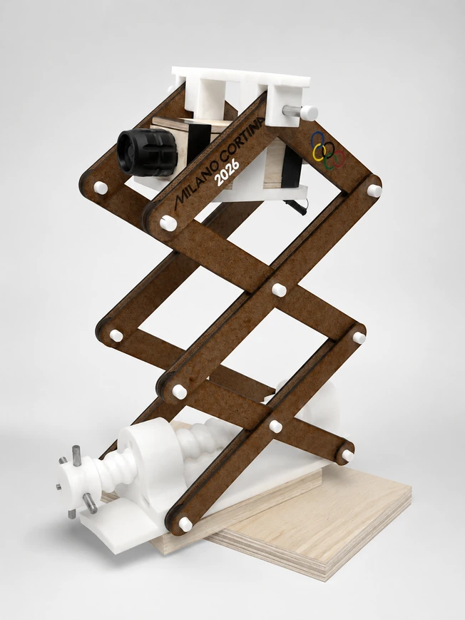 Adjustable scissor-lift desk lamp with a wooden linkage and 3D-printed parts.